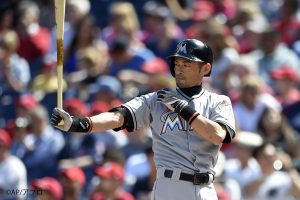 Miami Marlins' Ichiro Suzuki, of Japan, bats during a baseball game against the Washington Nationals, Sunday, Sept. 20, 2015, in Washington. (AP Photo/Nick Wass)